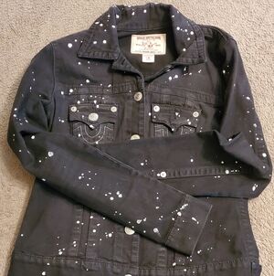 True Religion Womens Medium Black Paint Splatter Trucker Denim Jacket